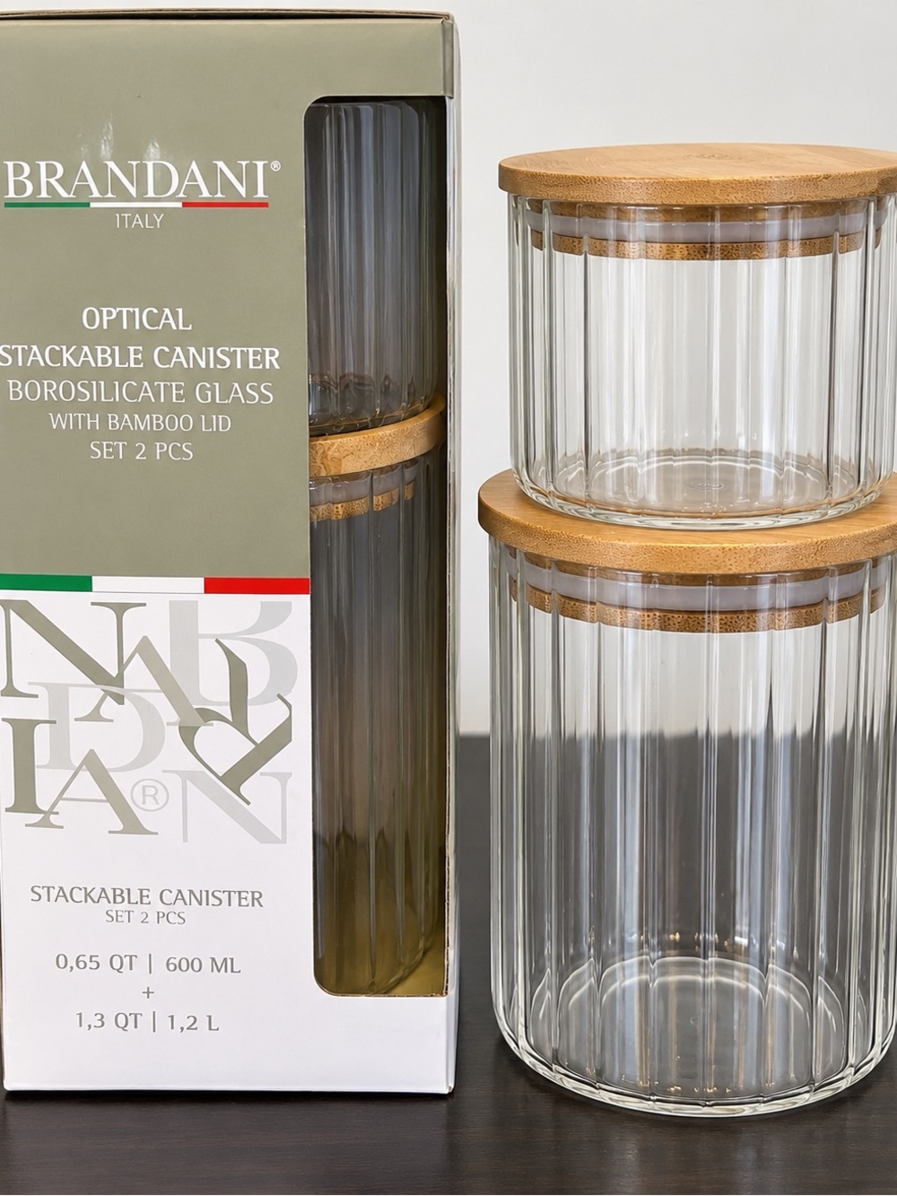 Brandani Clear Glass Stackable Canister Set with Bamboo Lids - Clear
